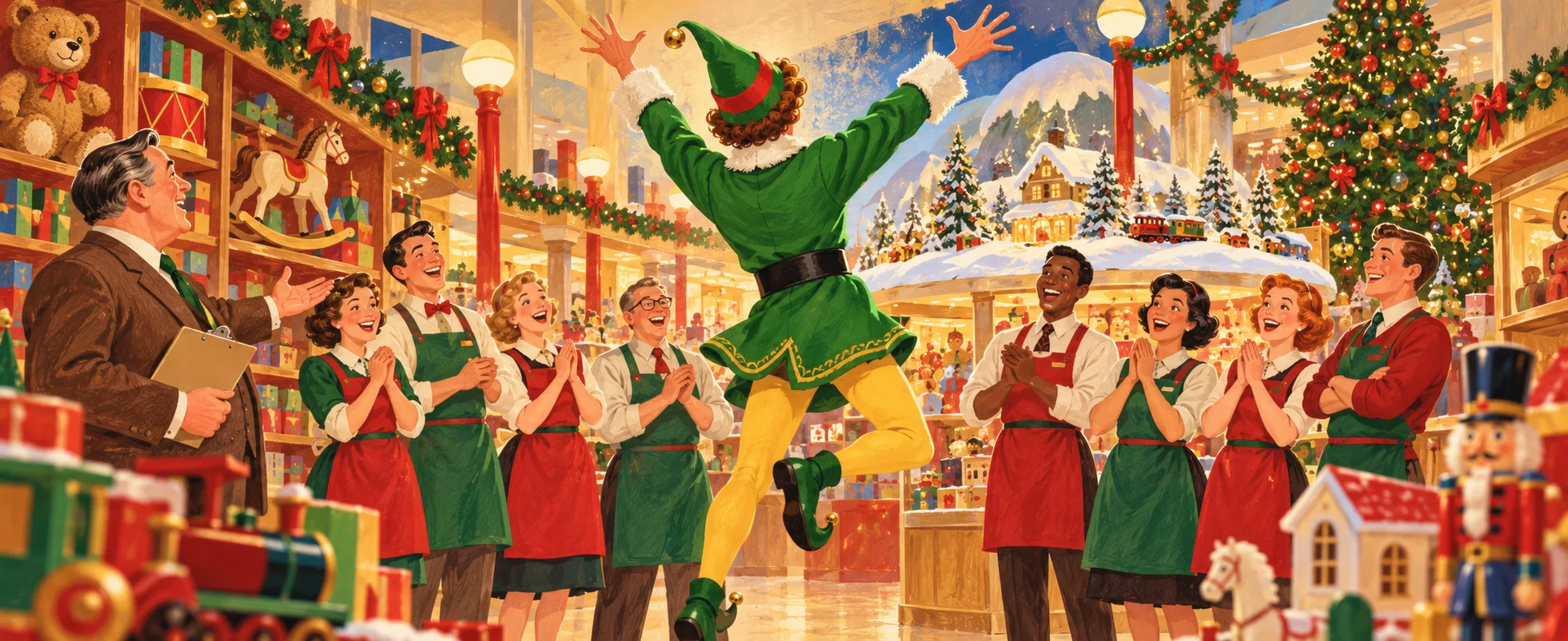 A man in an elf costume leaps for joy among cheering toy-store staff in red and green aprons.