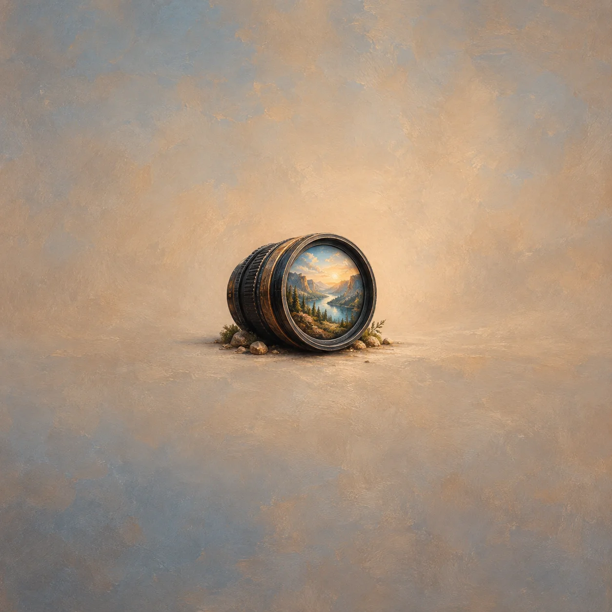 A black camera lens contains a sunlit miniature landscape and rests beside small stones against blue-grey and ochre.