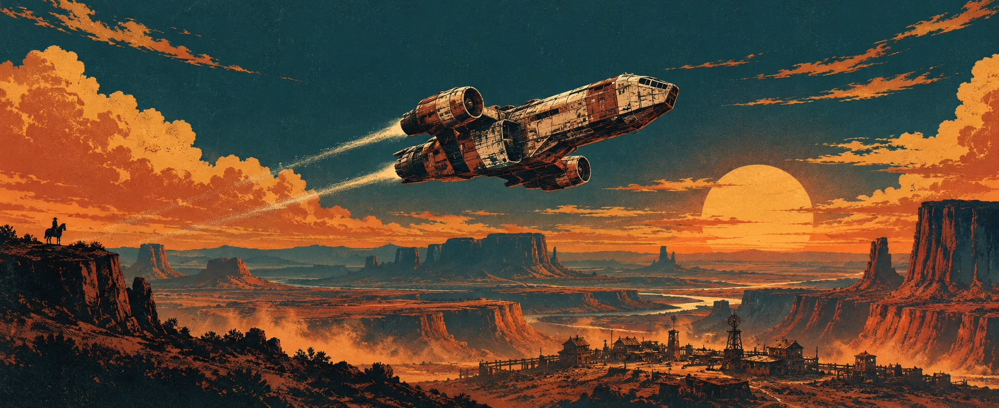 A battered transport ship climbs over desert mesas at sunset, a lone rider on a ridge watching, in rust and teal print colours.