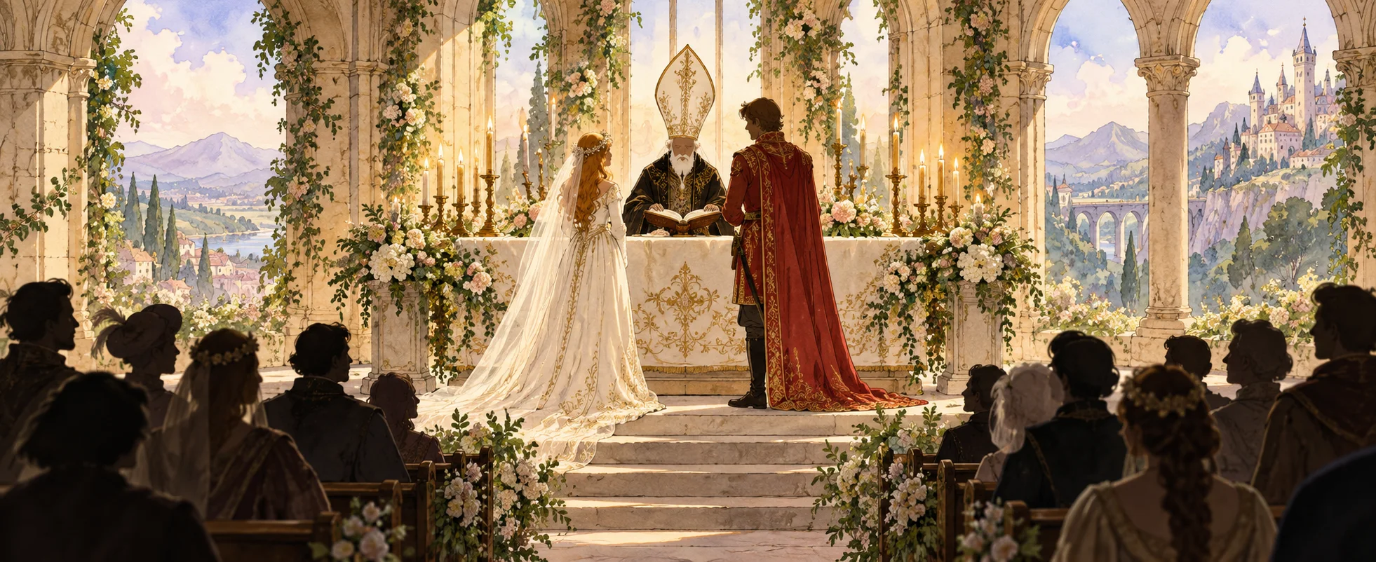 A clergyman in a tall mitre stands at a flower-decked altar before a bride in white and a prince in red, guests watching from the pews.