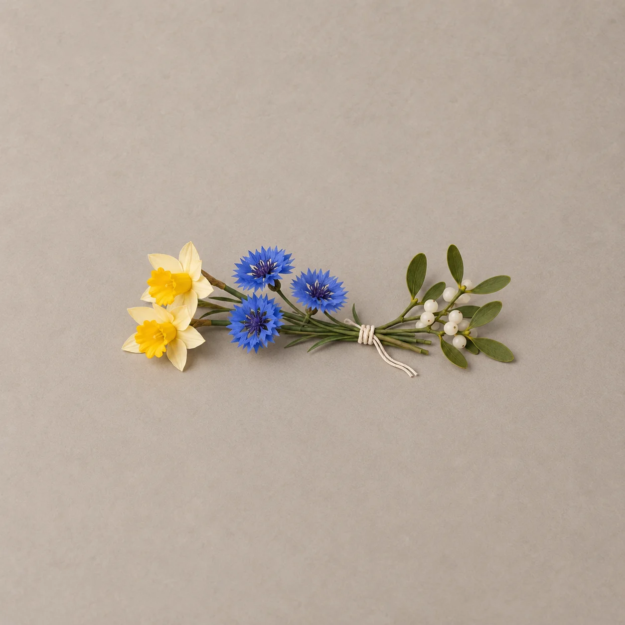 Two yellow daffodils, three blue cornflowers and white-berried mistletoe lie tied with ivory cord on grey textured ground.