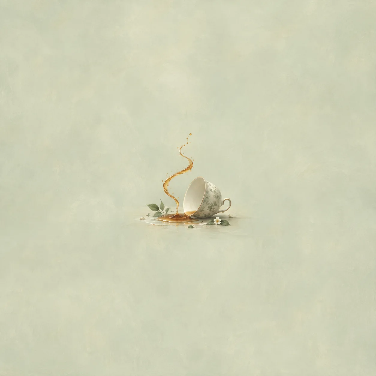 A tipped floral teacup lies beside leaves and spilled tea, with a thin amber stream curling upward.