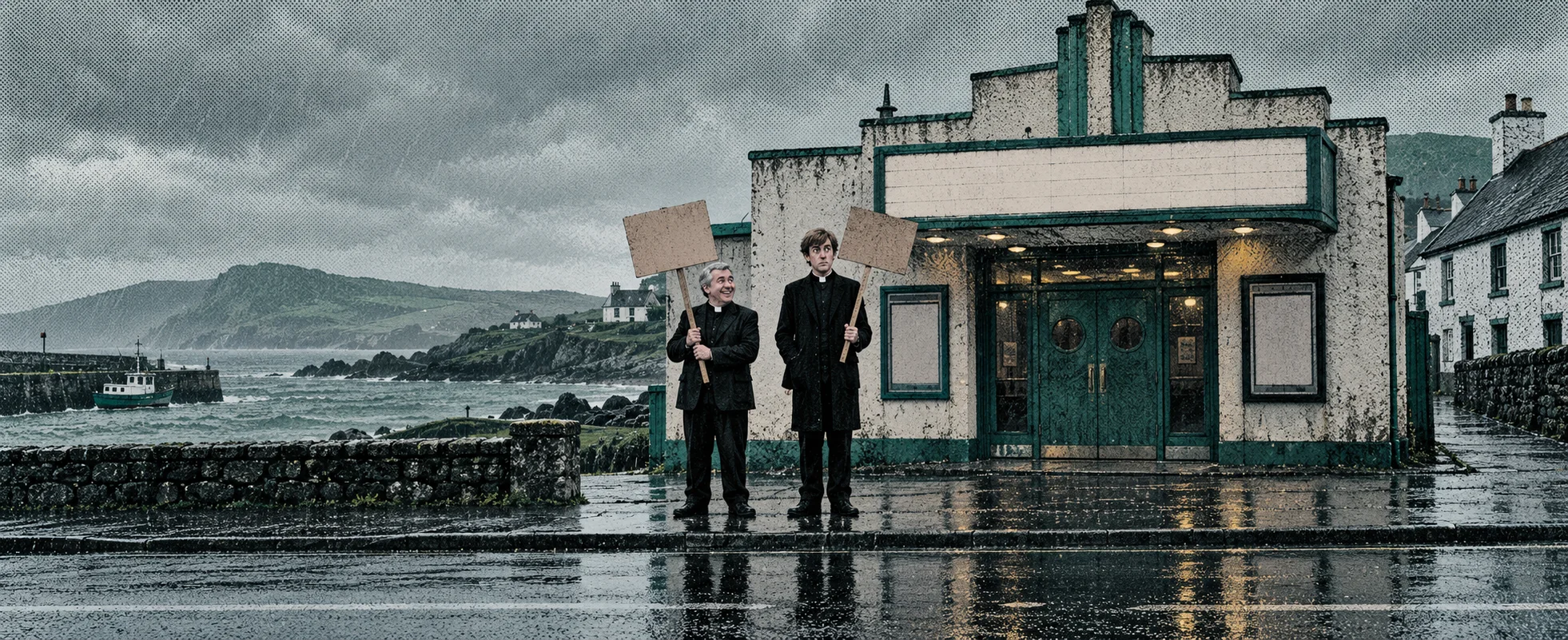 Two priests in black stand in the rain outside a small seaside cinema on Craggy Island, each holding a blank cardboard placard on a stick, in a grey and green screen-print style.