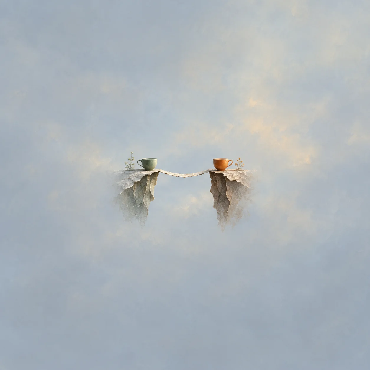 Green and orange teacups on separate floating rocky ledges, joined by a narrow pale bridge against a cloudy sky.