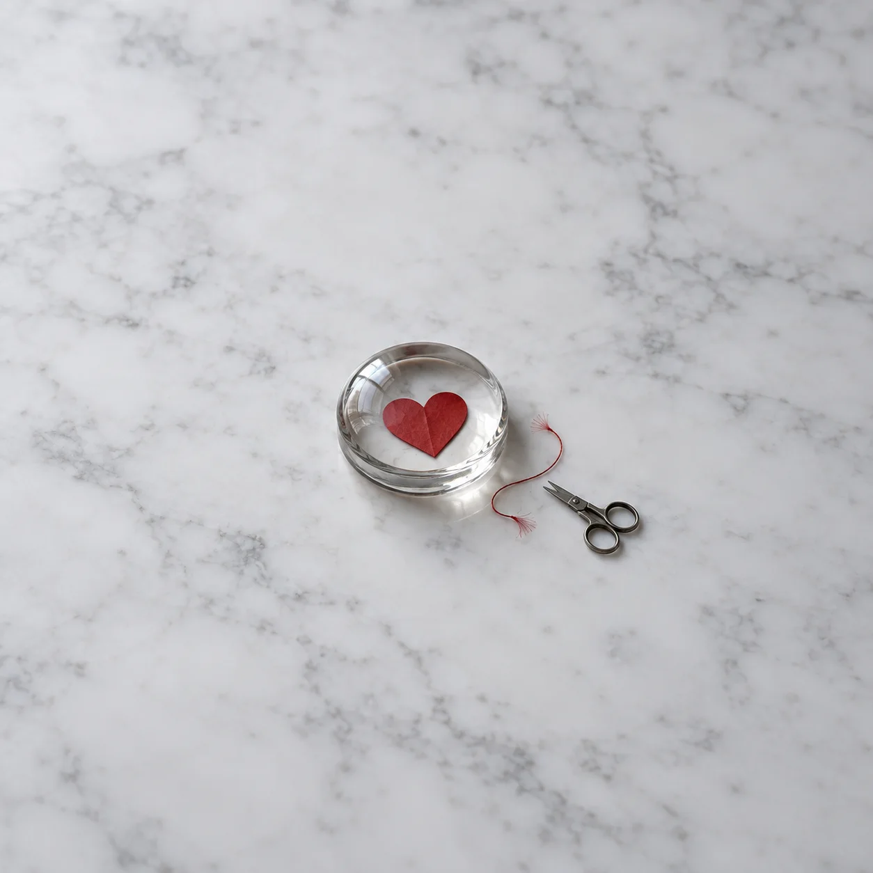 A red paper heart under a glass paperweight beside a loose red thread and small scissors on white marble.
