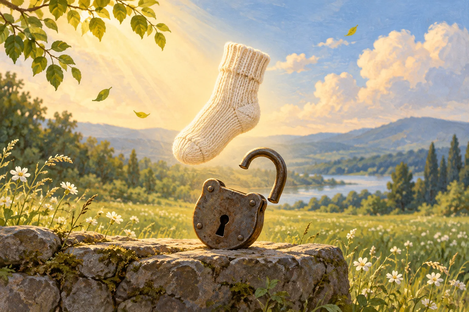 A cream knitted sock floats above an open iron padlock on a sunlit stone ledge overlooking a green meadow.