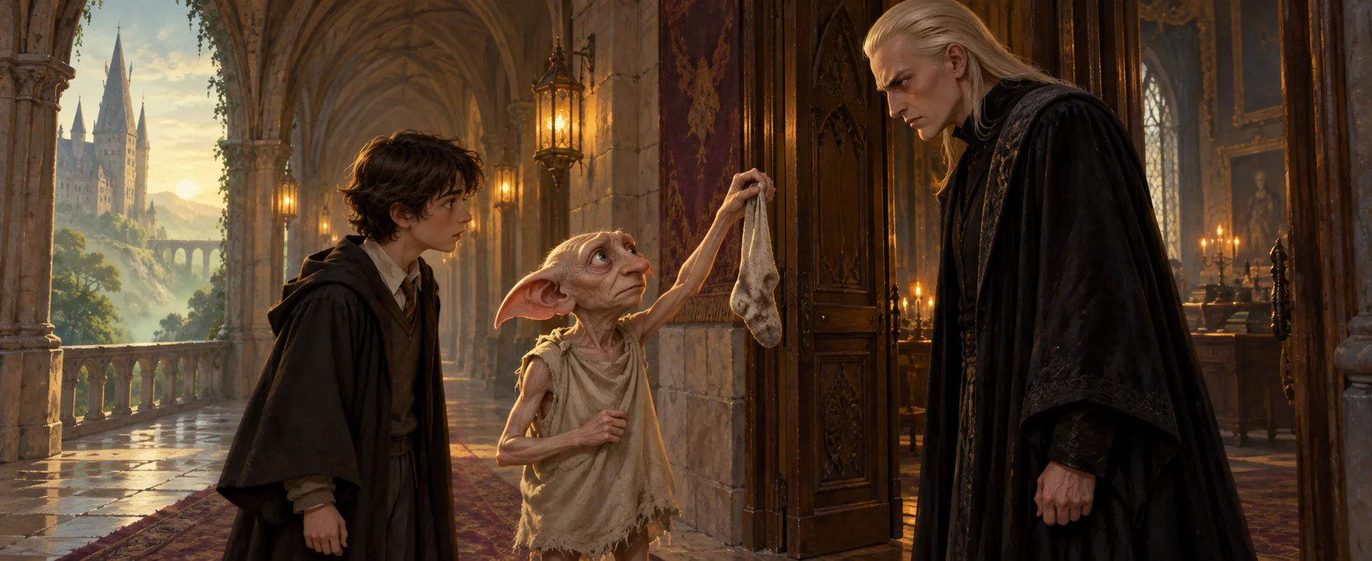 A small house-elf in a pillowcase holds up a sock before a furious blond aristocrat in black robes as a boy watches in a castle corridor.