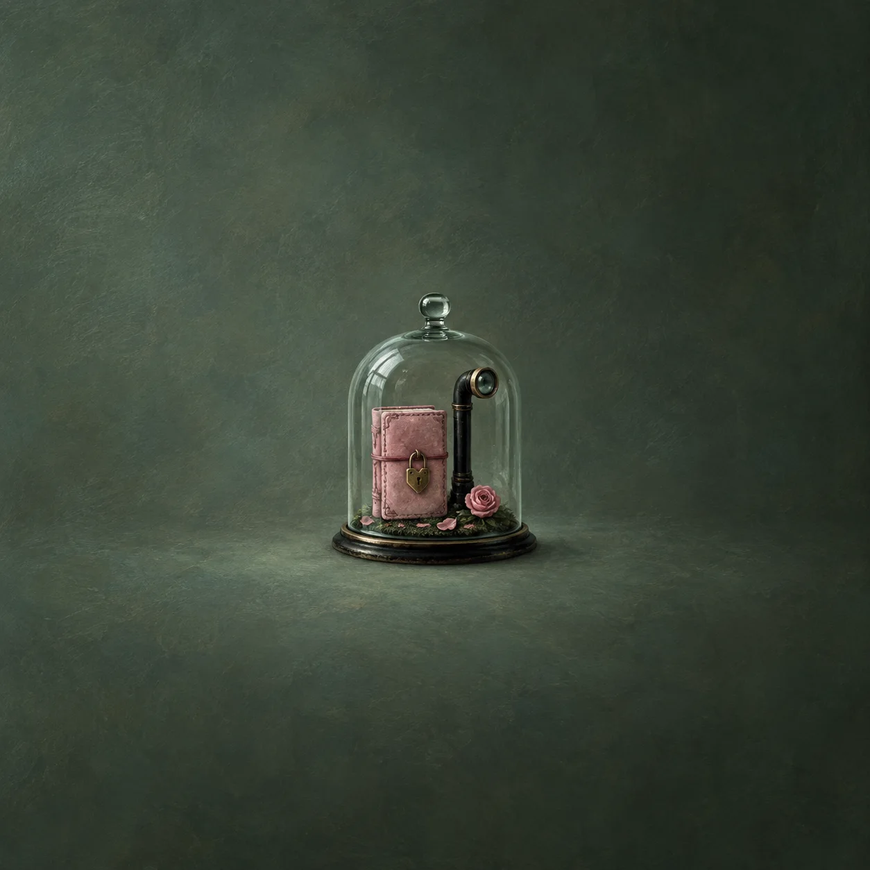 A locked pink diary and curved black periscope sit with a rose beneath a glass cloche.