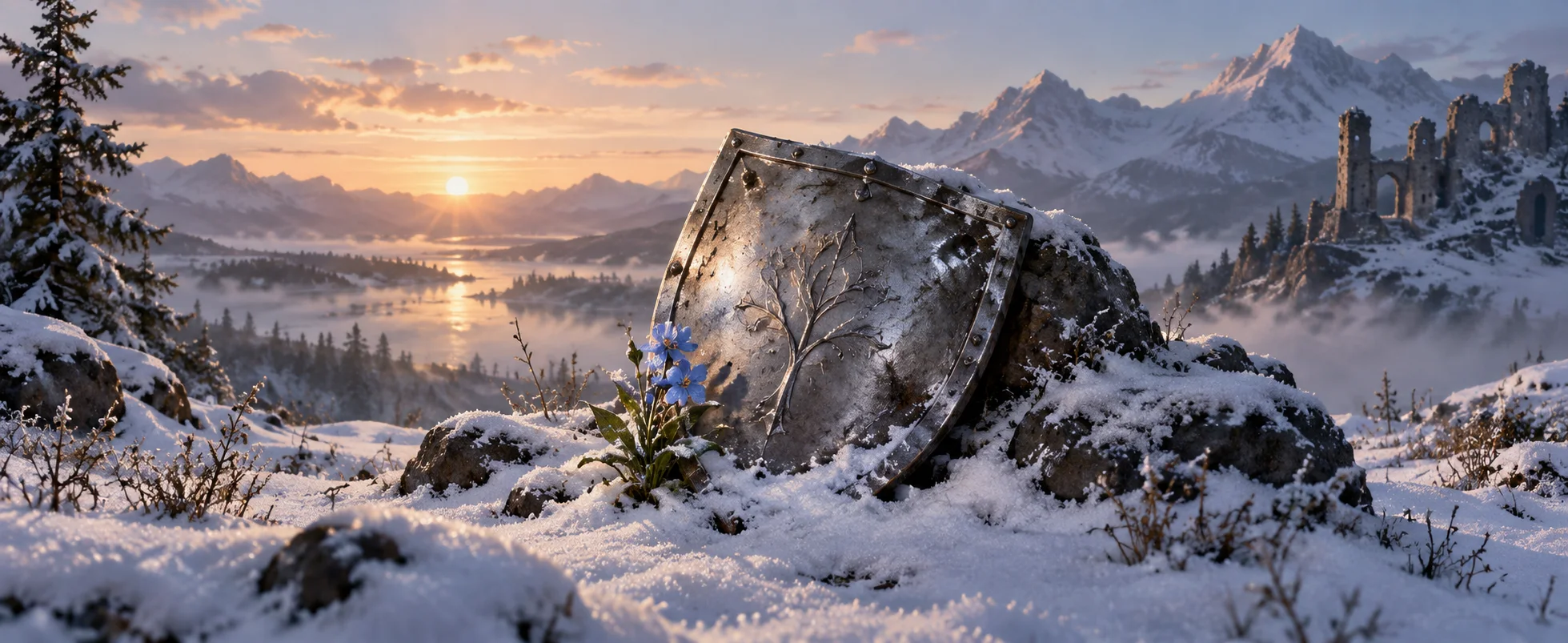 A small blue wildflower rests beside a dented silver shield in fresh snow beneath soft dawn light.