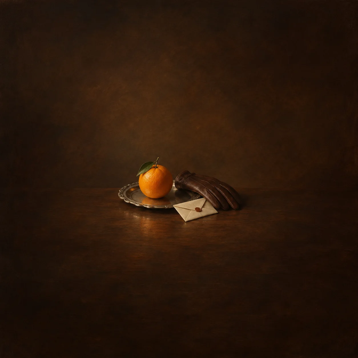 An orange rests on a silver tray beside a brown leather glove and a sealed cream envelope.