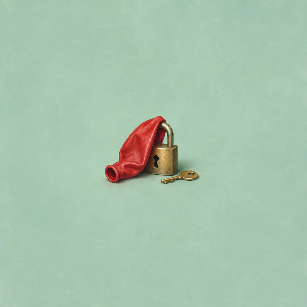 A deflated red balloon drapes over a brass padlock beside its key against mint green.