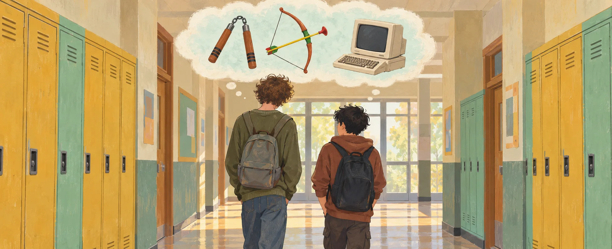 Two teens walk a school hallway under a thought bubble of nunchucks, a bow and an old computer.