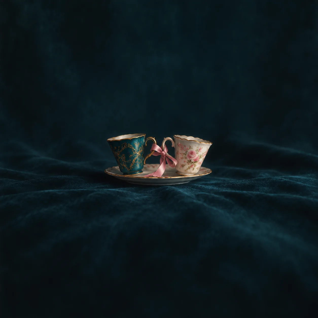 Two ornate teacups with their handles linked by a pink ribbon on a saucer against dark teal velvet.