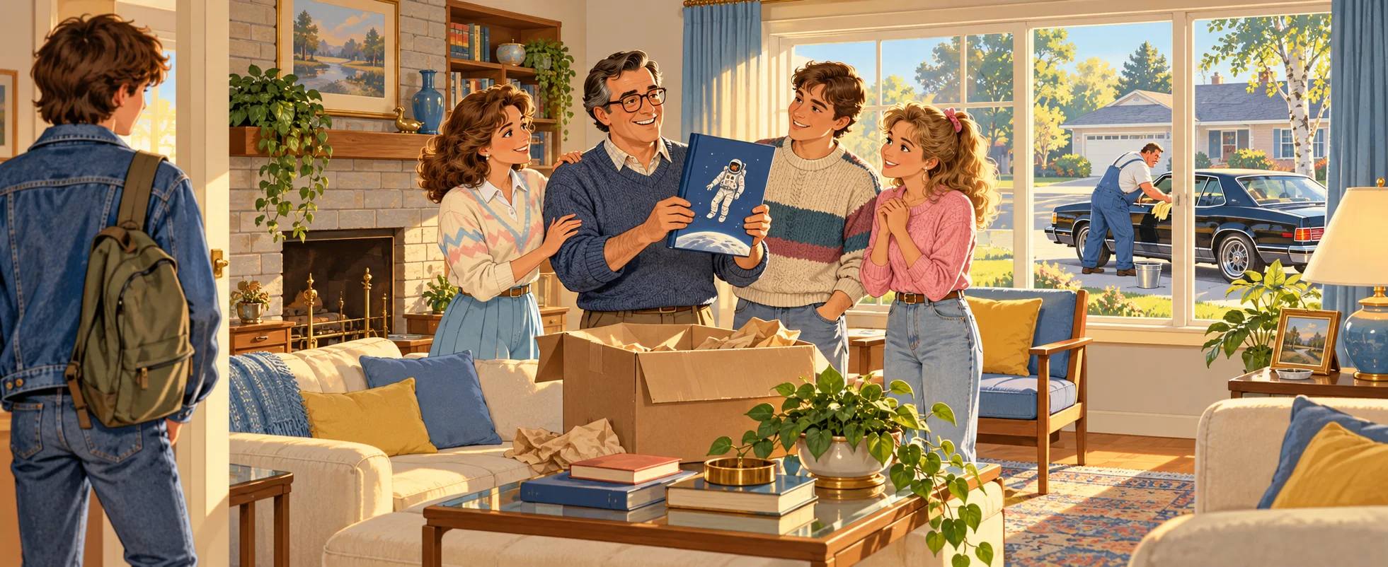 A sunny 1980s living room: a smiling father in glasses lifts a book with a spaceman on its cover from a cardboard box as his wife and grown children gather round, a teenager in a denim jacket watches from the doorway, and a big man in overalls waxes a black car outside the window.