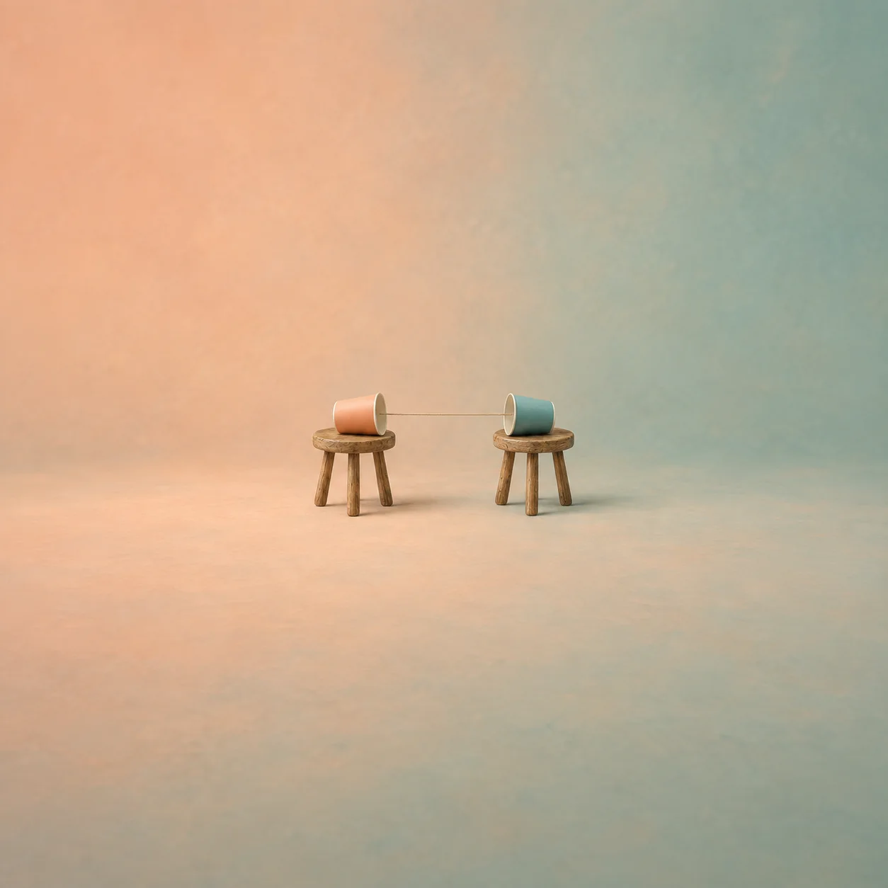 Two paper cups connected by a straight string rest on separate small wooden stools.