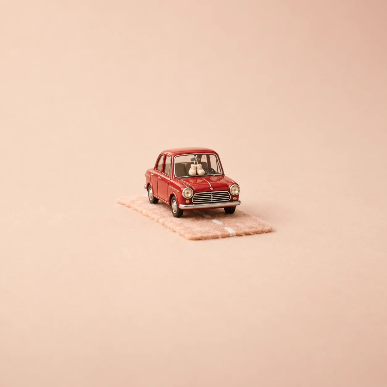 A small red toy car with tiny cream booties hanging inside its windscreen rests on peach-coloured fabric.
