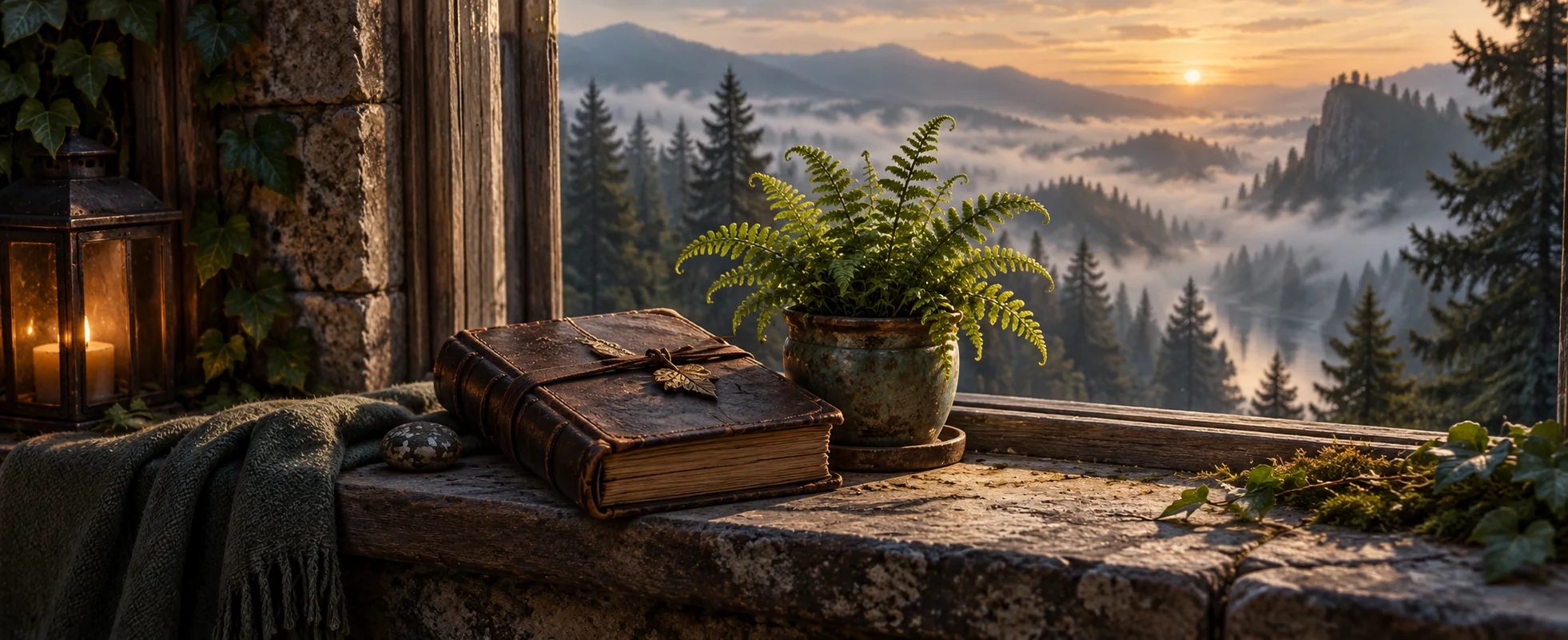 A closed weathered family journal rests beside a young fern on a window ledge above a misty forest.