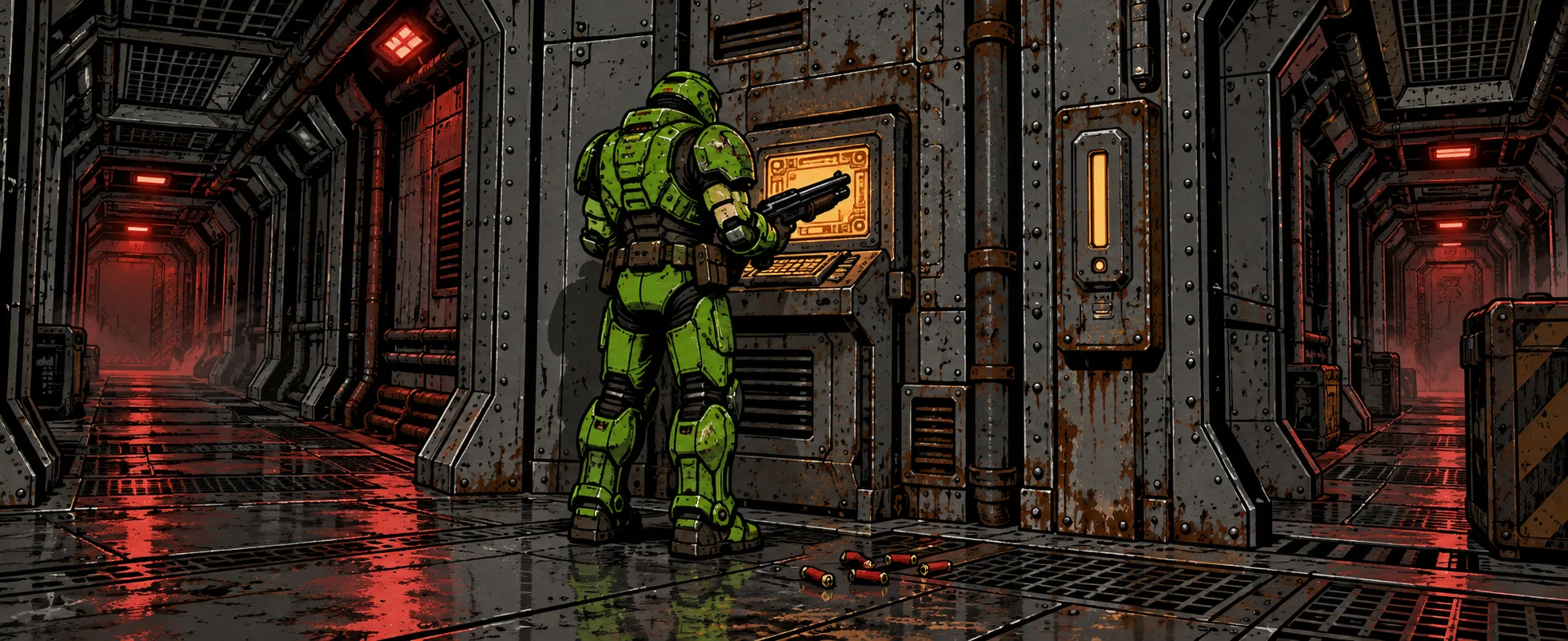 A green-armoured space marine stands at a glowing terminal in a red-lit base corridor.