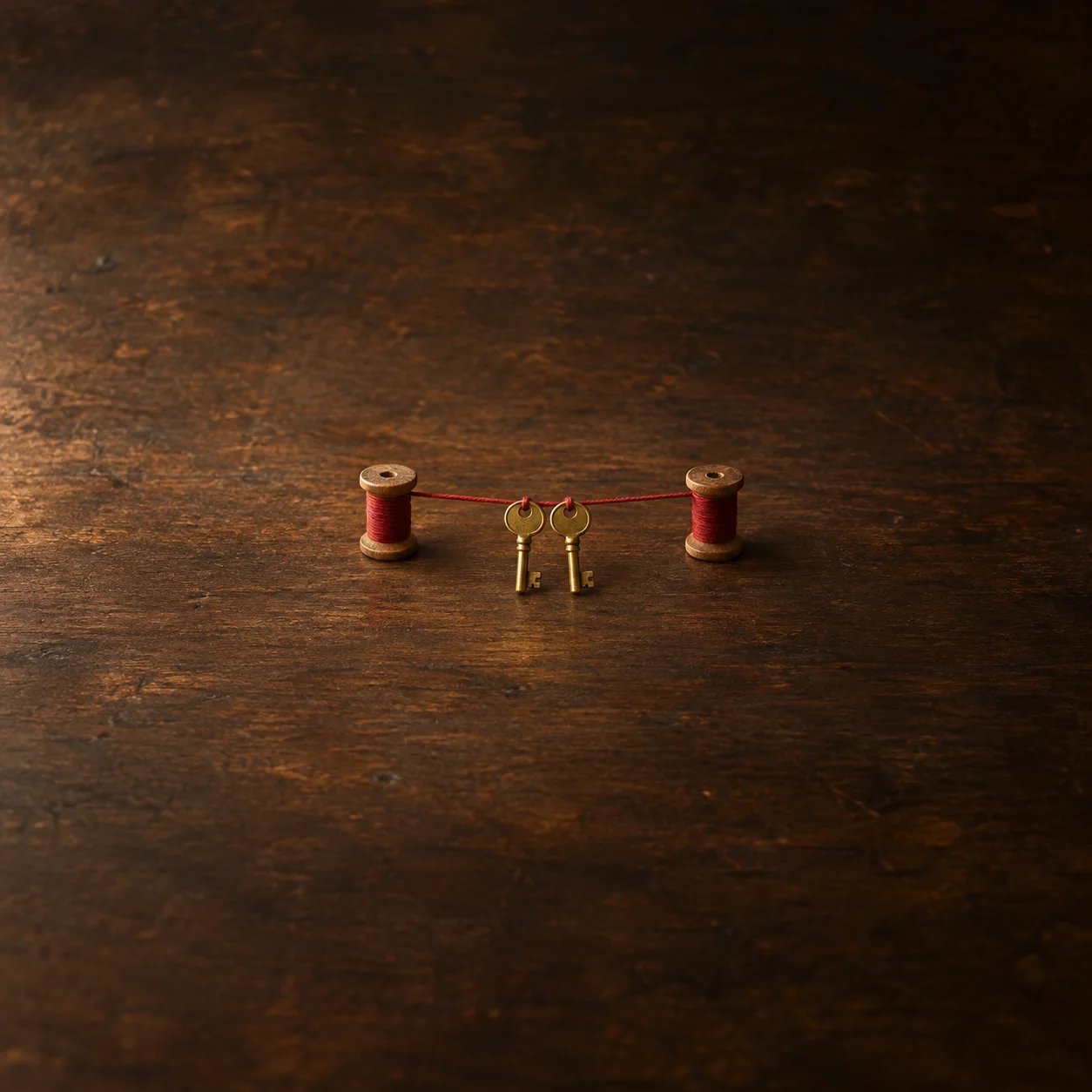 Two brass keys hang together from red thread stretched between two wooden spools on a dark wooden surface.