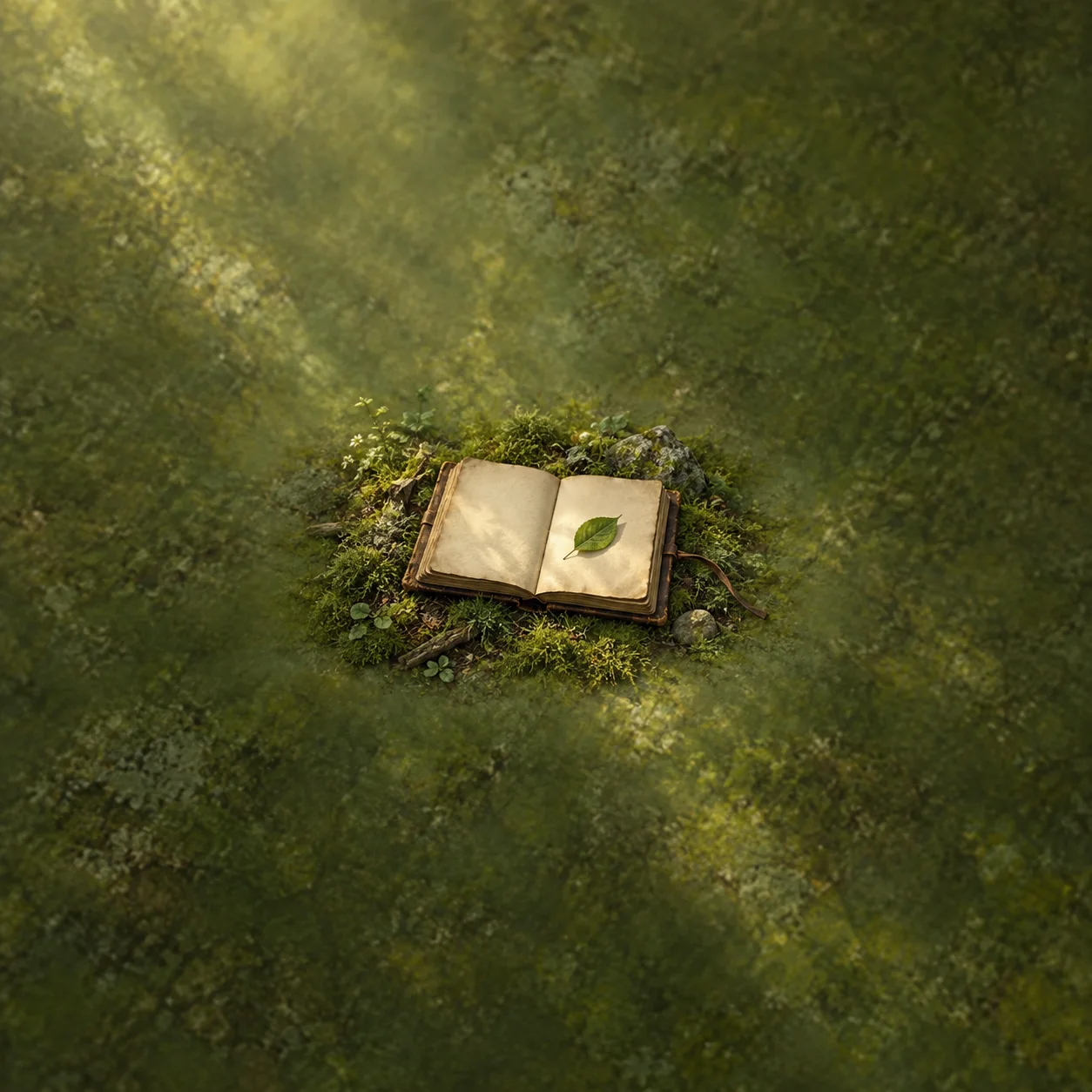 An open worn journal lies in moss with a single green leaf on a blank page.