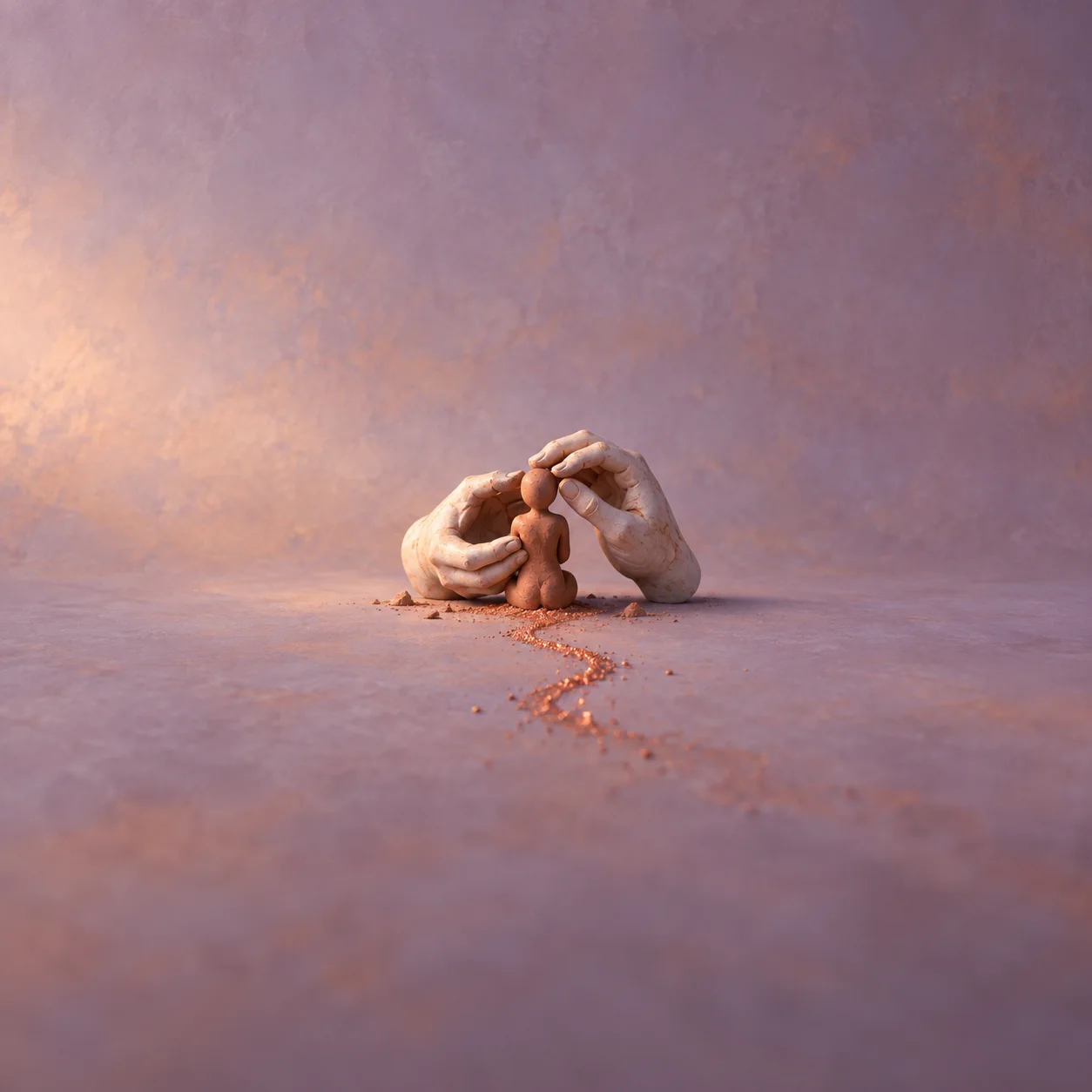 Two pale sculpted hands shape a small clay figure beside a winding trail of copper-coloured fragments.