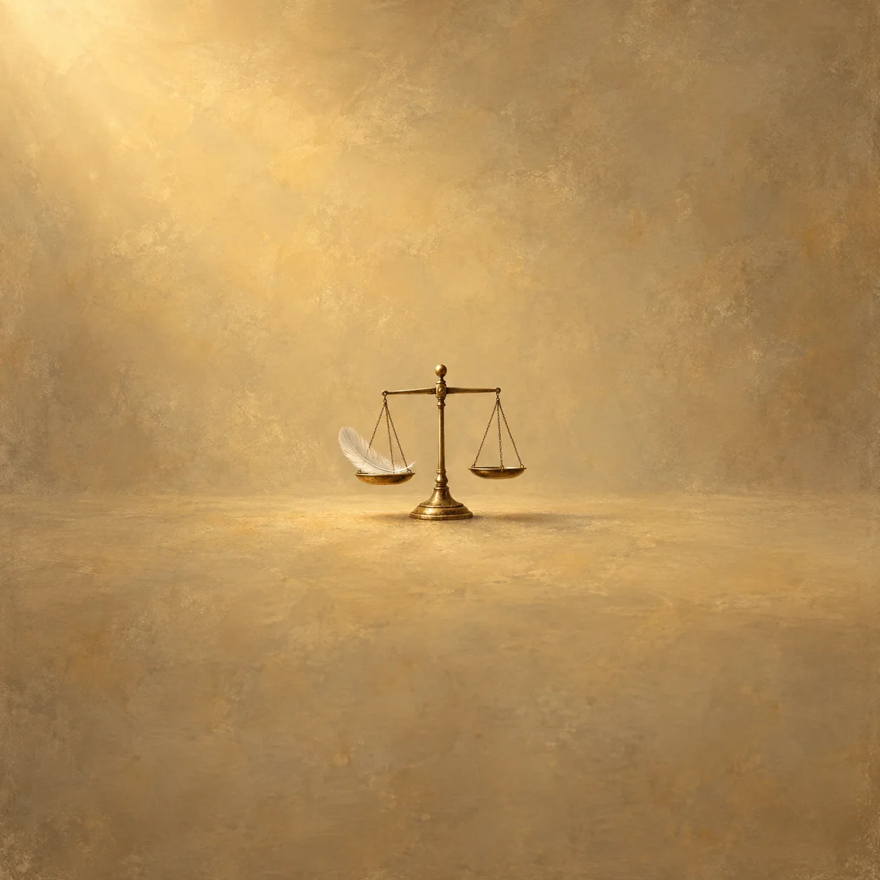 A pale feather rests in one pan of a small brass balance scale against a golden background.