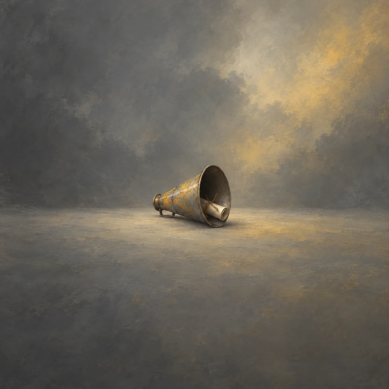 A dented tin megaphone with a rolled paper scroll inside it against a gray and mustard background.
