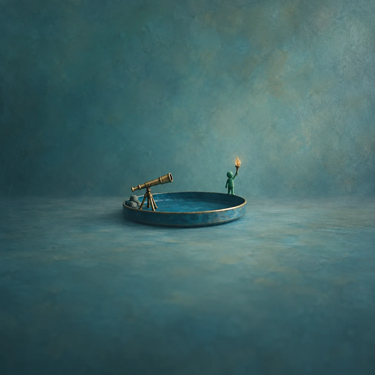 A miniature telescope aimed across a shallow blue tray towards a tiny green figure holding a torch.