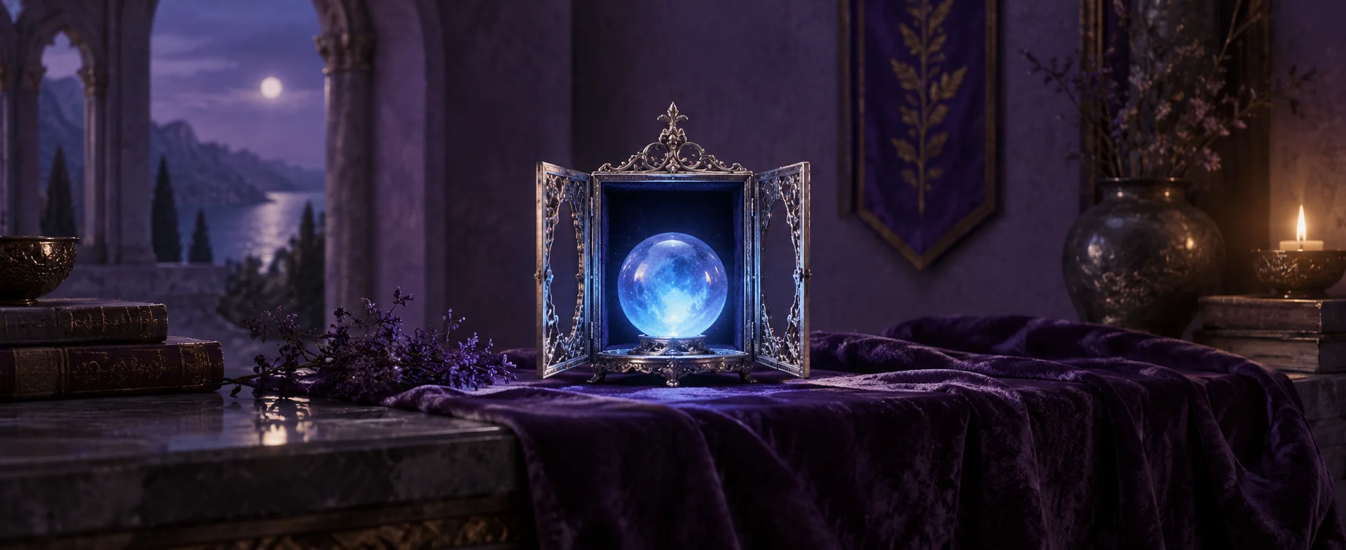 A small glowing blue orb sits inside an open silver frame in a quiet violet chamber.