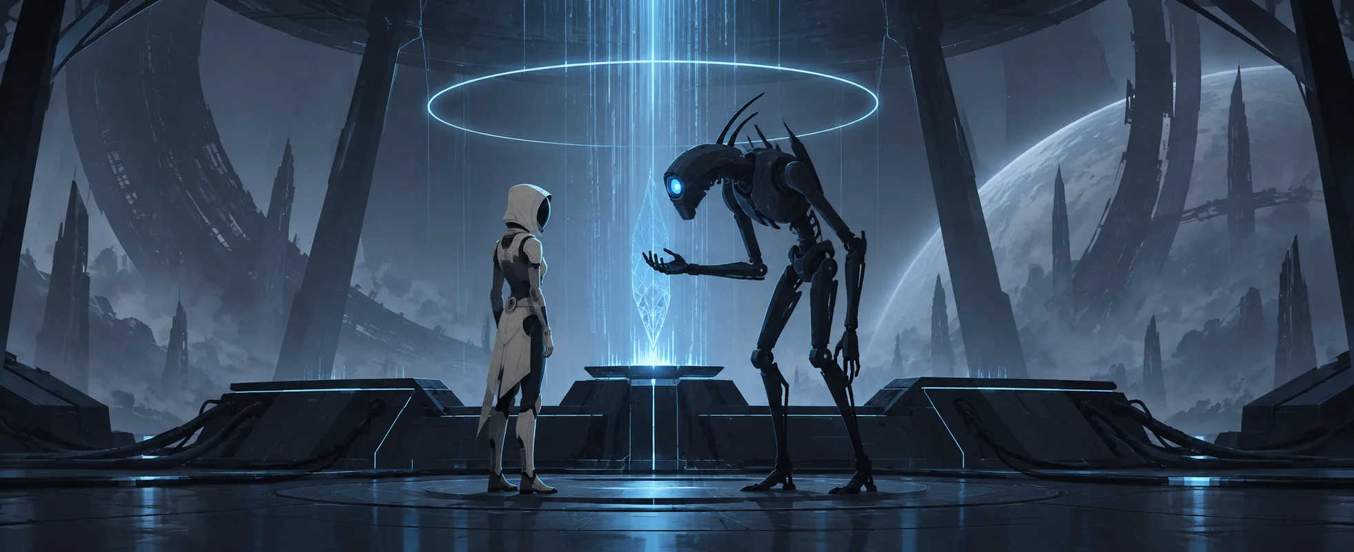A slender robotic figure kneels before a robed quarian in a dark chamber under a glowing ring of blue data.