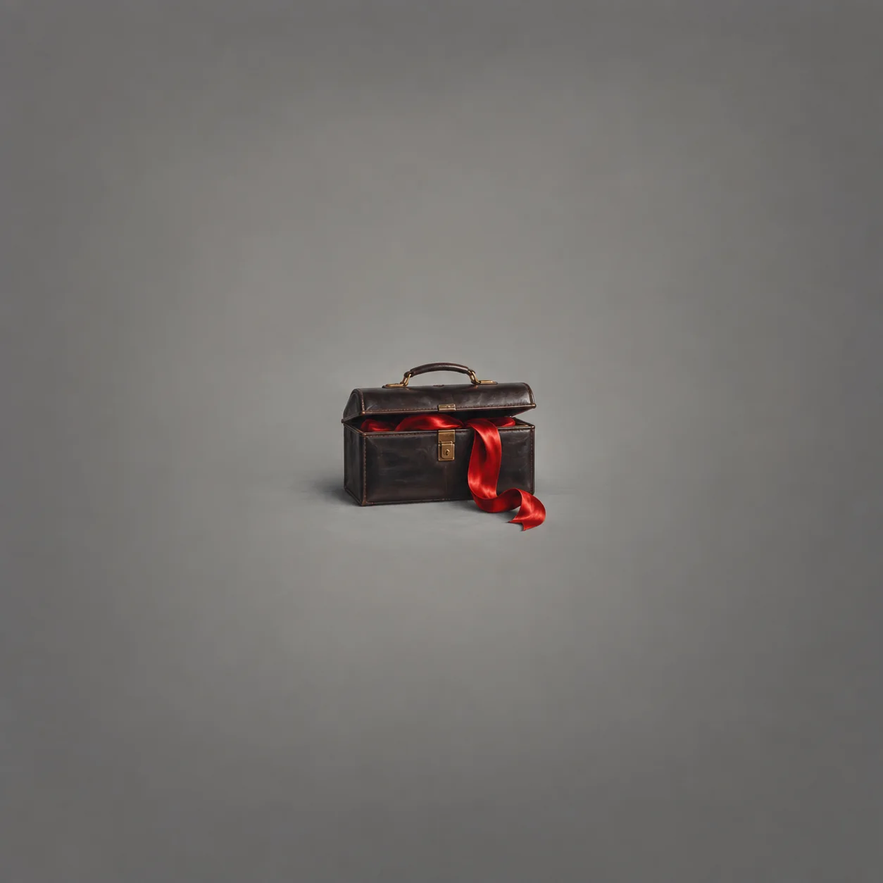 A small dark leather briefcase stands slightly open with a glossy red ribbon spilling over its edge.