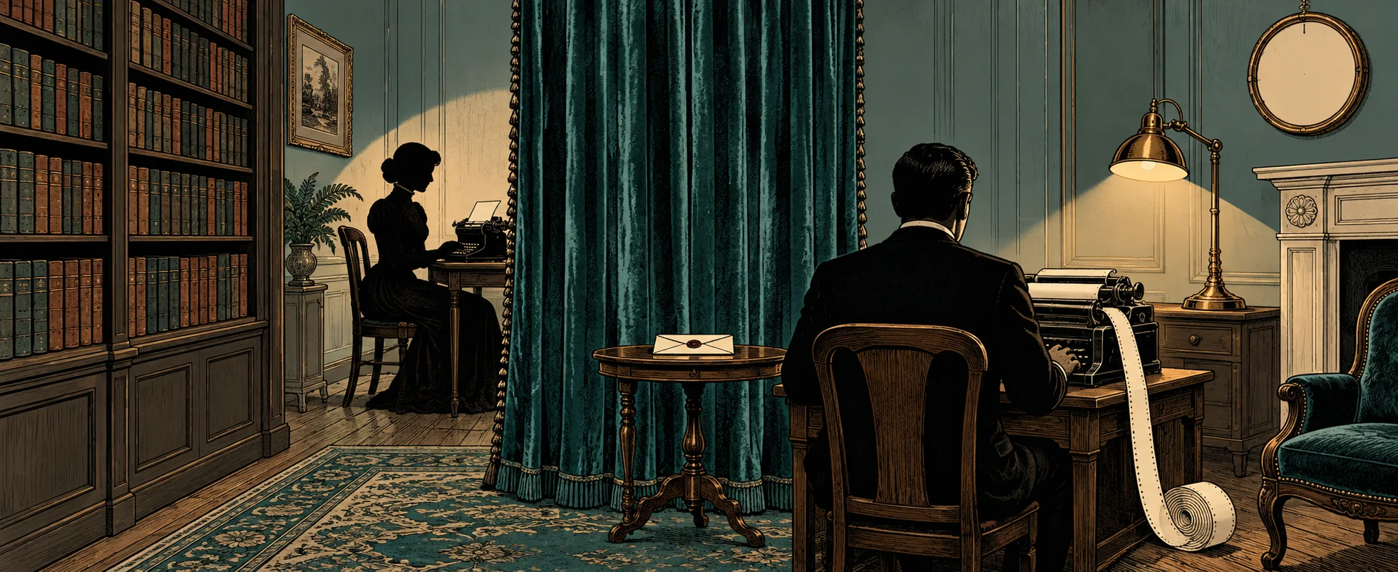 In a parlour divided by a heavy green curtain, a man and a woman sit at typewriters on either side, unable to see each other.