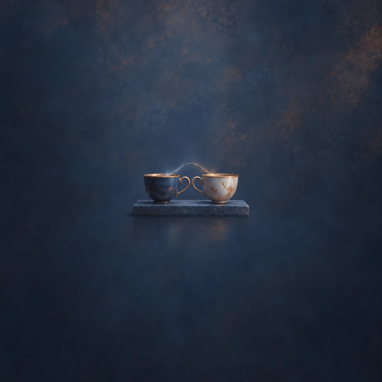 Two small teacups side by side on a narrow blue plinth with a thin silver arc of light between them.