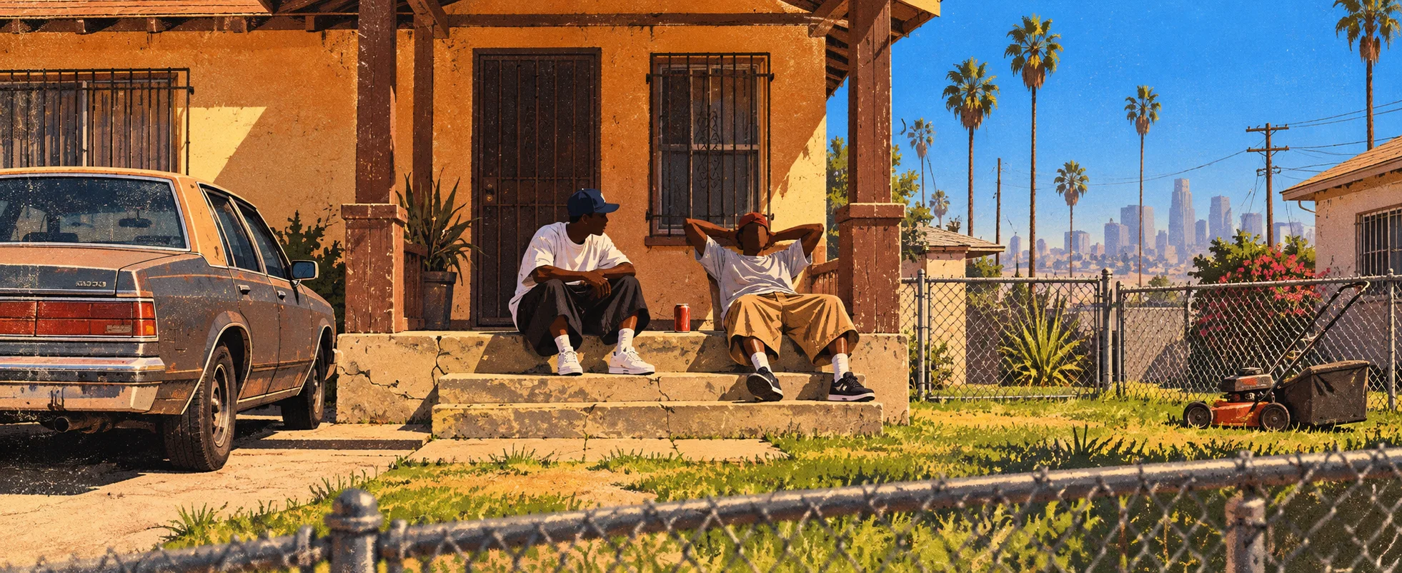 Two friends sit on the porch steps of a small house in sunny South Central Los Angeles, an old sedan in the drive.