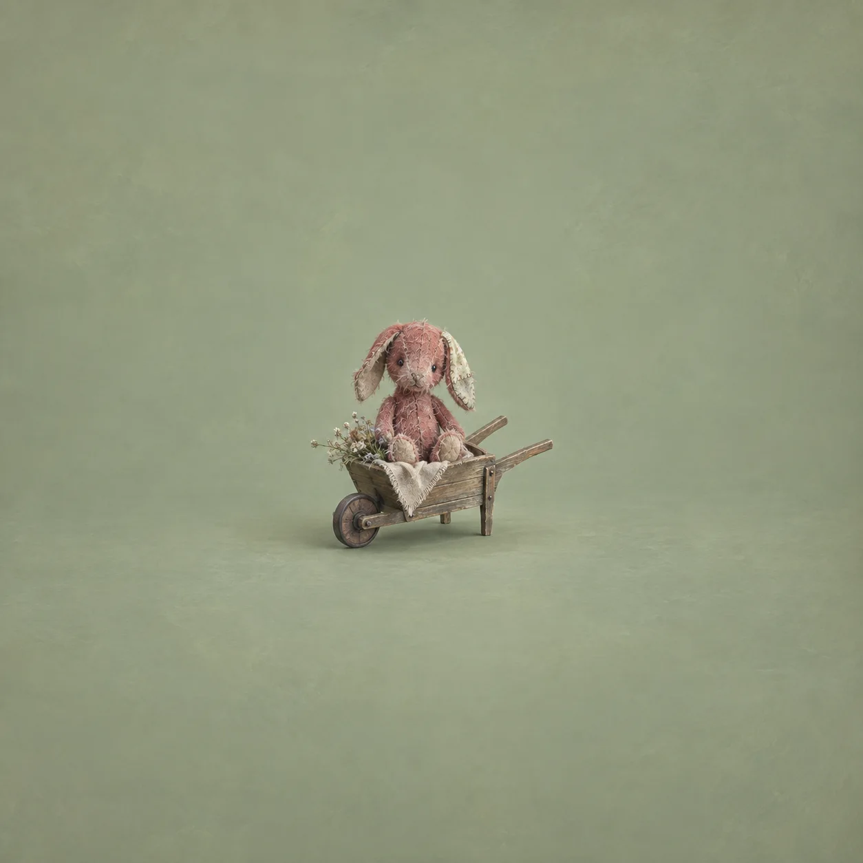 A worn pink toy rabbit sits among small flowers in a wooden wheelbarrow against sage.