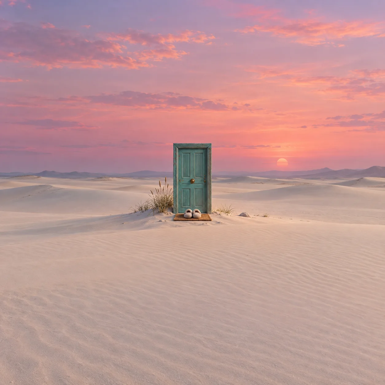 A small teal door standing on a sand dune with slippers at its base beneath a pink sunset.