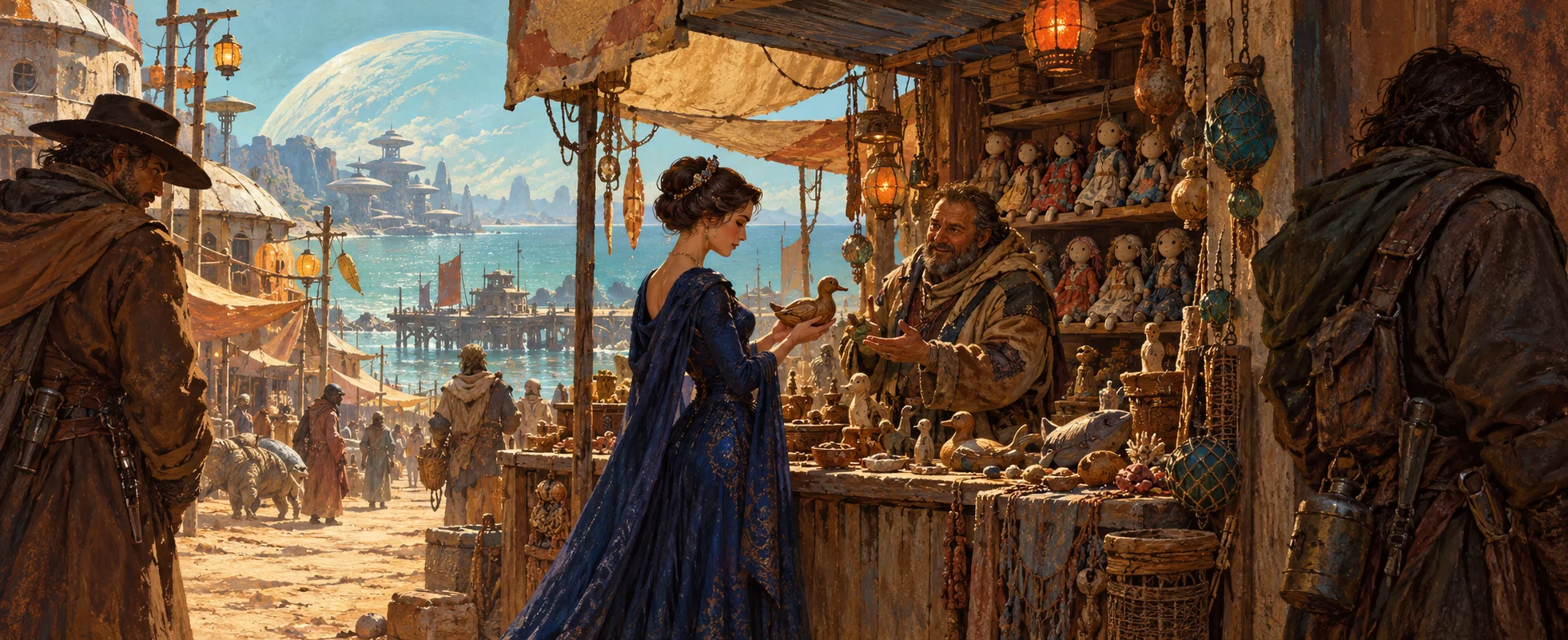 A woman in a blue silk gown examines a wooden carving at a dusty frontier-planet market stall crammed with dolls.