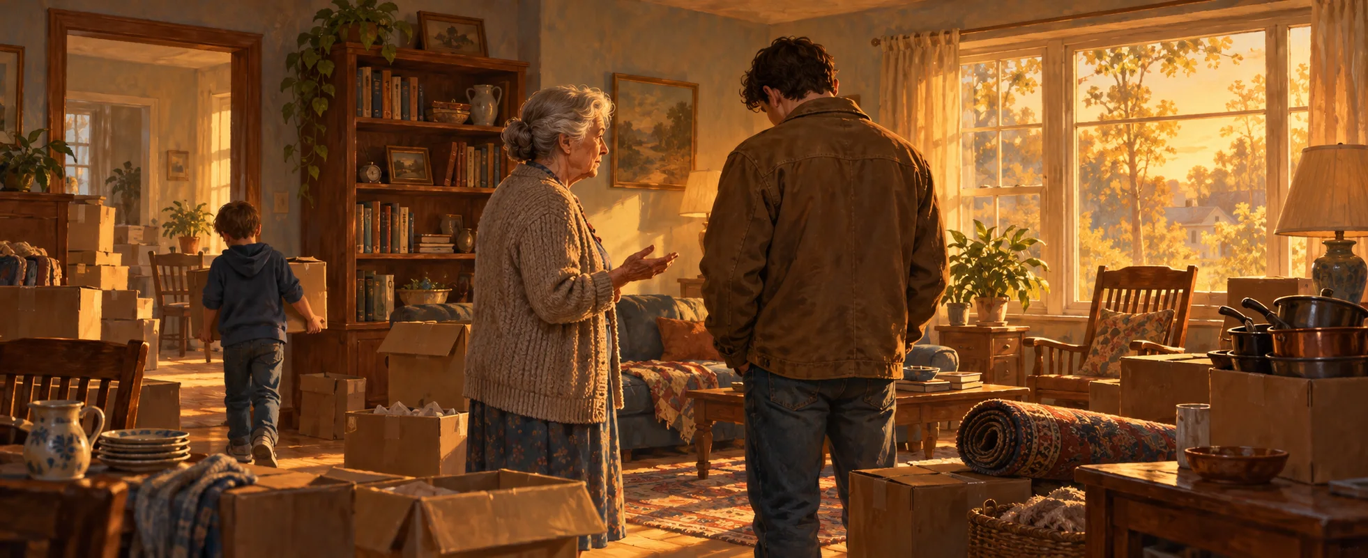 An elderly aunt talks with her nephew among packing boxes in a sunlit living room as a neighbour's boy walks past.