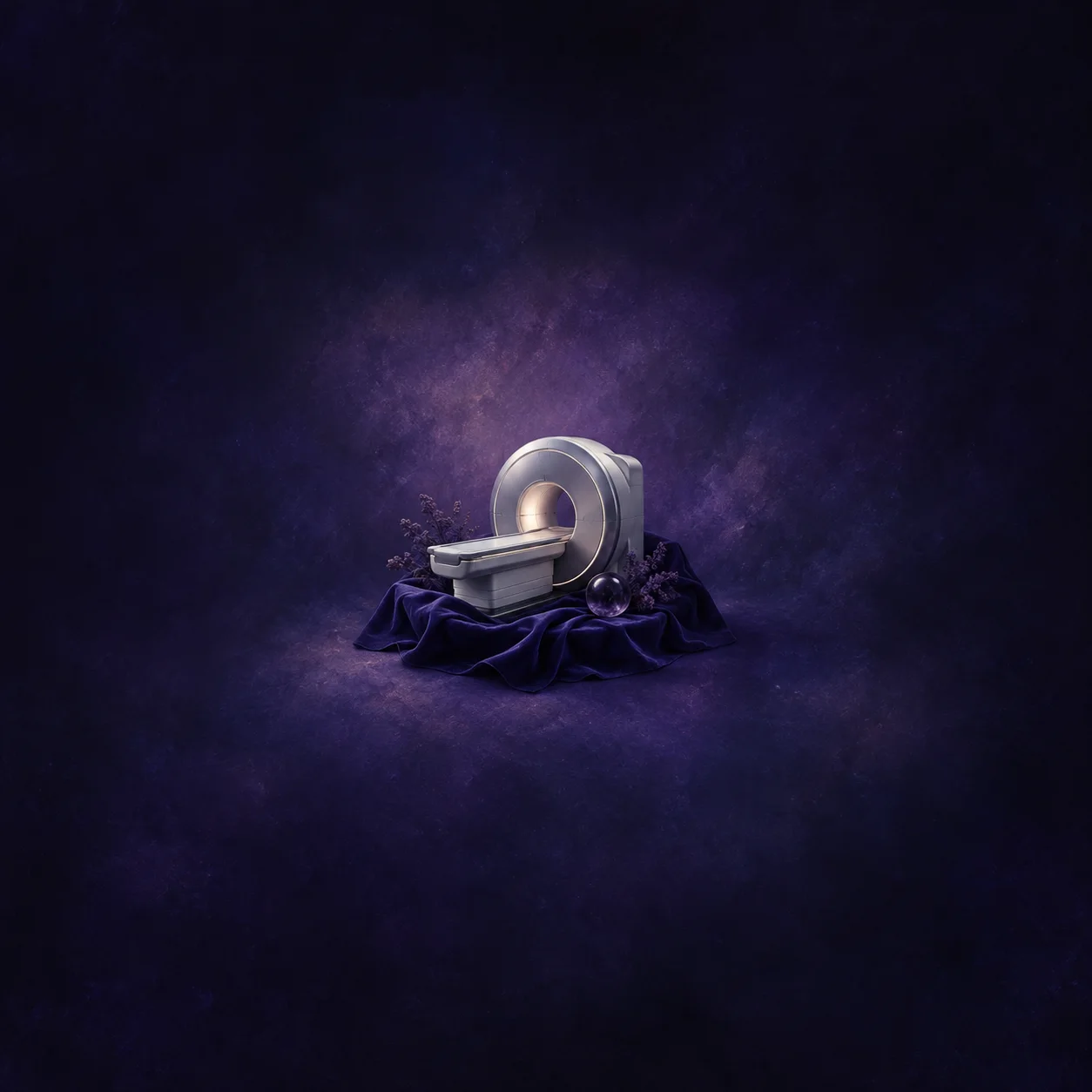 Painterly miniature silver ring-shaped scanner resting on folds of purple fabric.