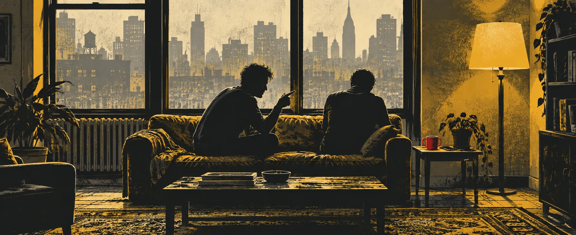 Two men sit on a couch in a mustard-toned New York apartment, one leaning in with a finger raised mid-argument.