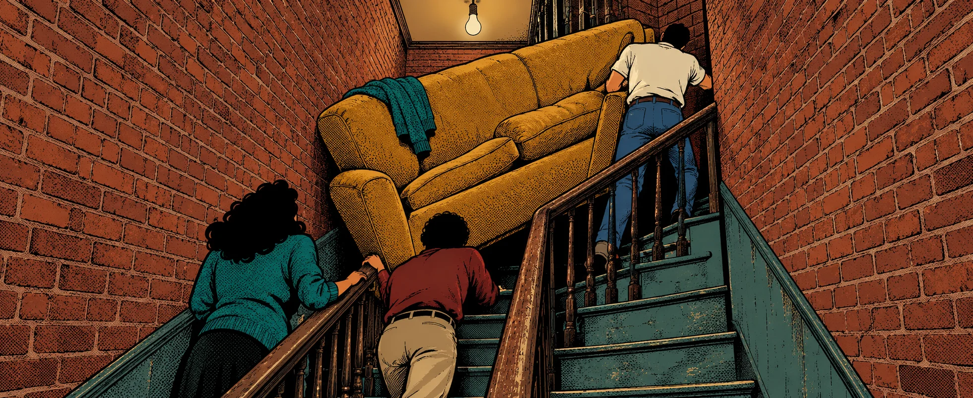 Comic-style illustration of three people straining to carry a mustard-yellow sofa up a narrow brick stairwell, the couch tilted and wedged at the turn.
