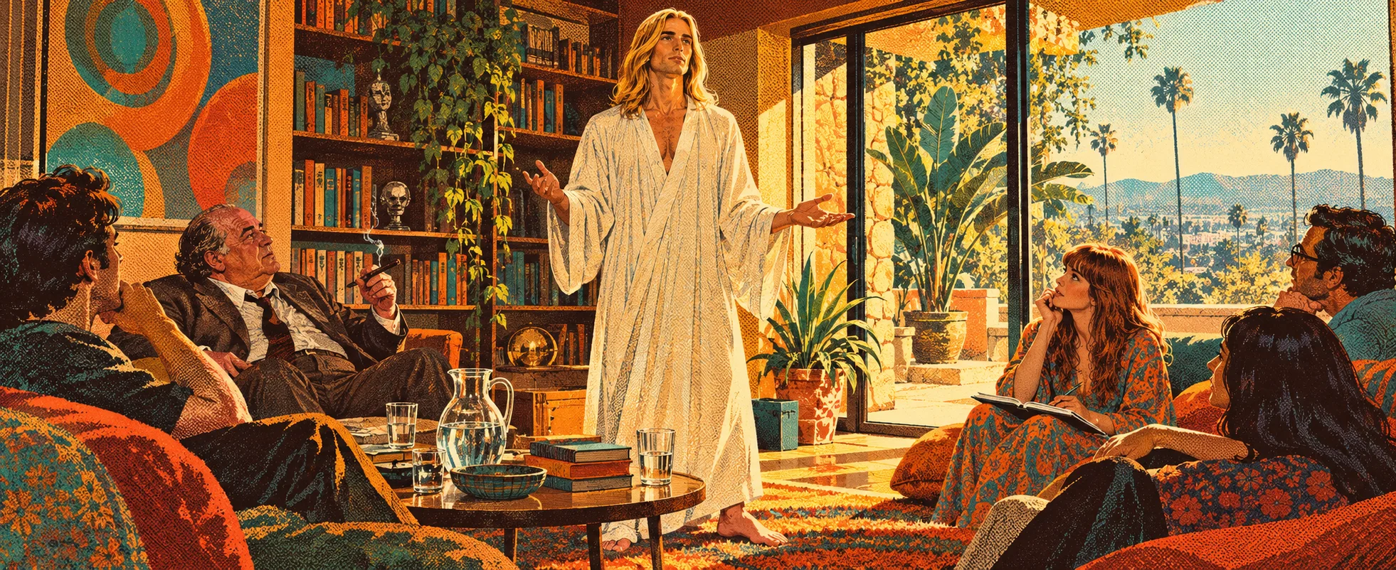 A serene young man with long fair hair in a white robe speaks to listeners lounging in a sunny 1960s Californian living room.