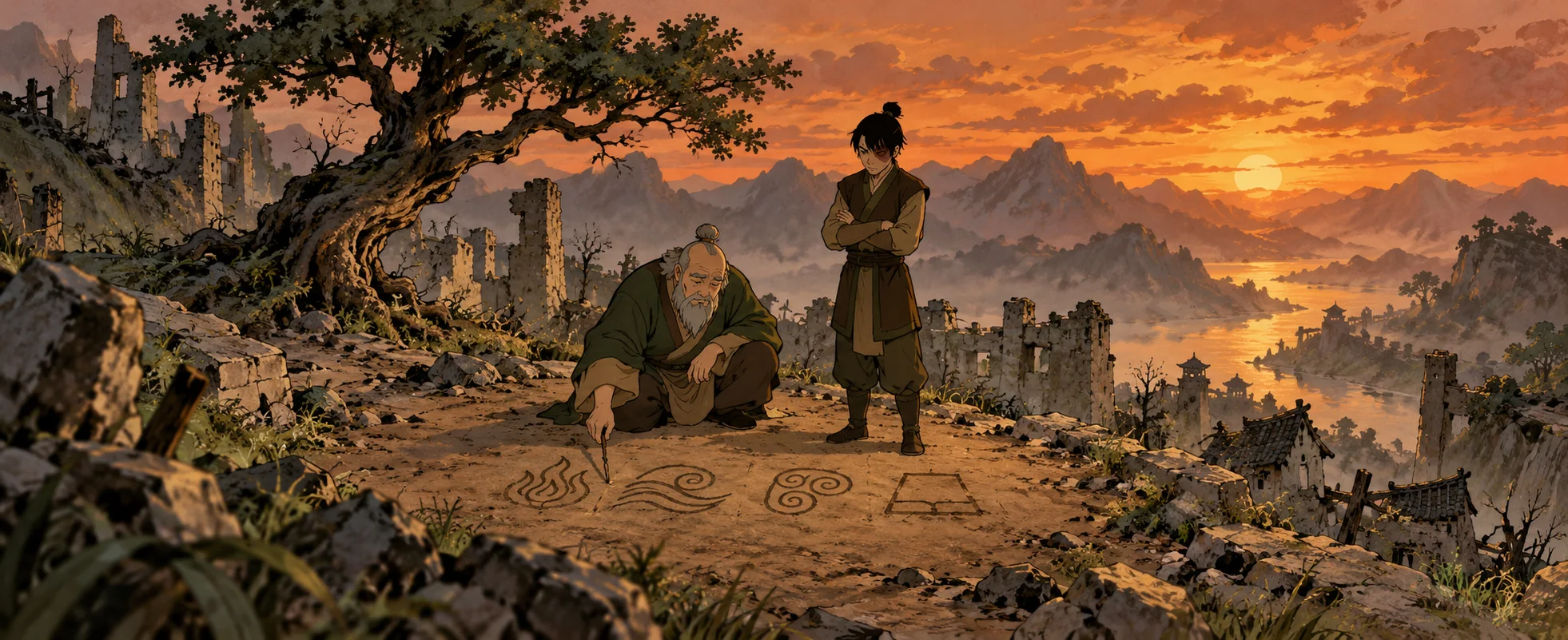 An old man in a green robe draws four elemental symbols in the dirt with a stick in a ruined hilltop town at dusk, as a young man with a scarred face watches.