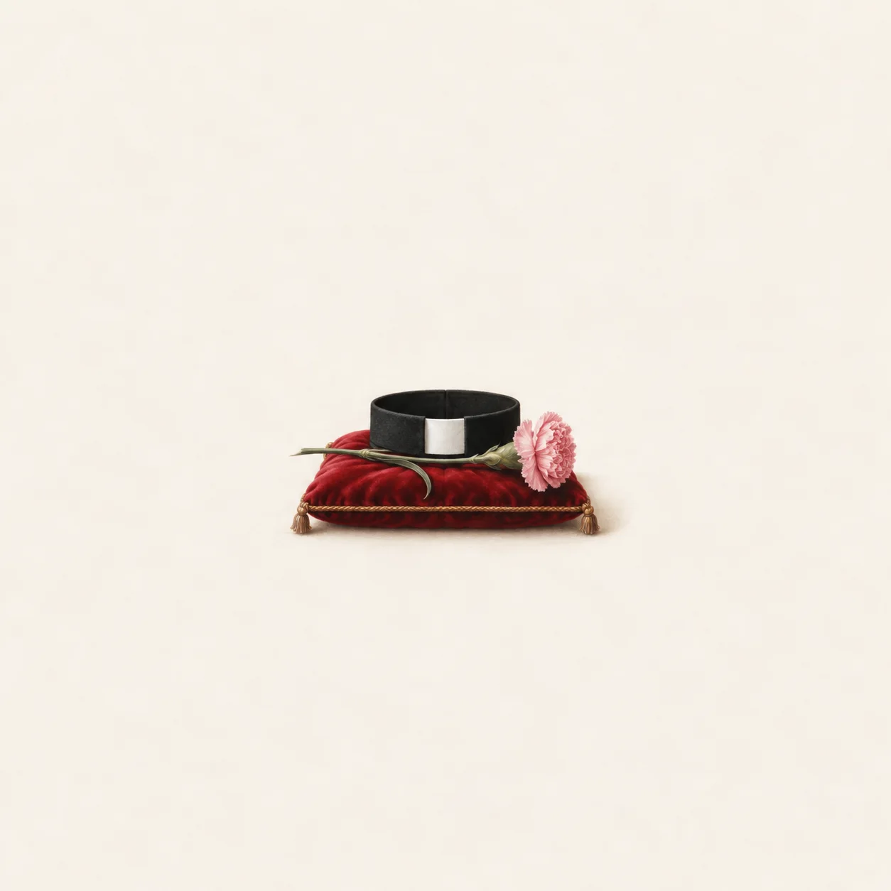 A black clerical collar with a white tab rests on a red velvet cushion beside a pink carnation.
