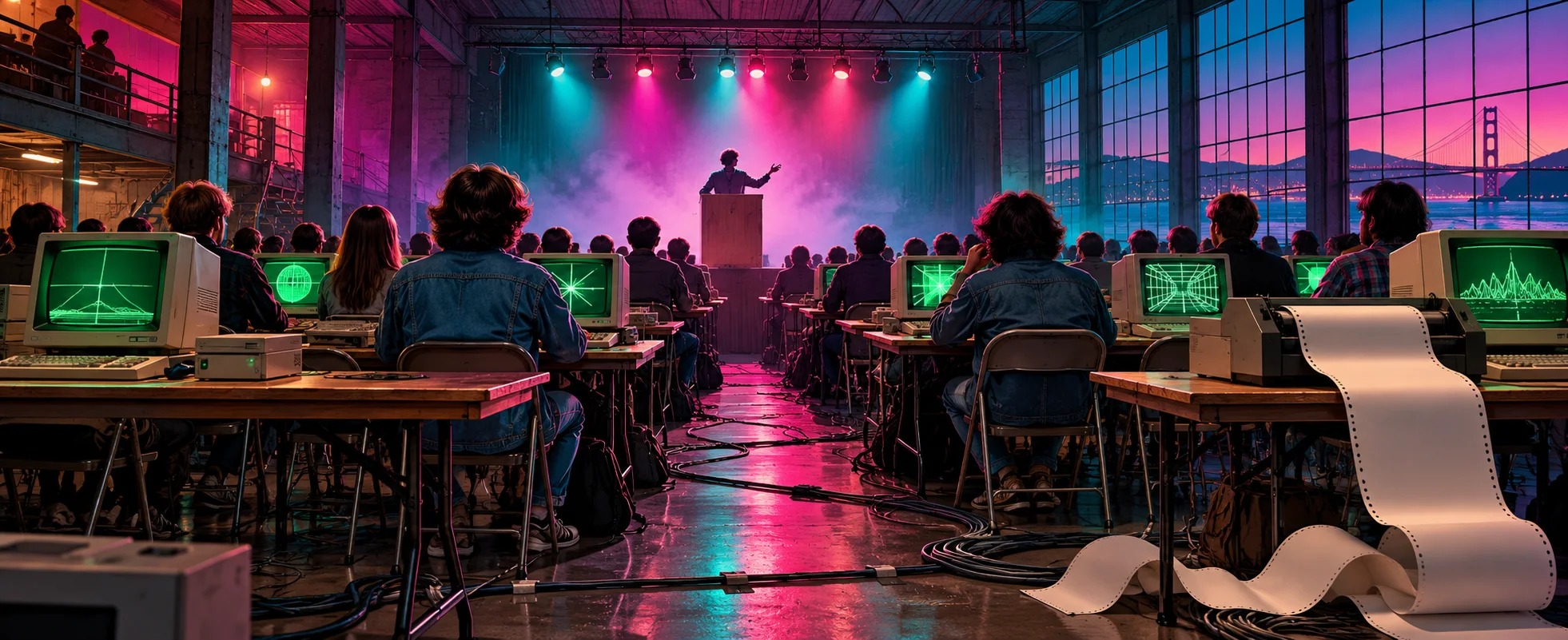 Rows of early personal computers with green screens fill a 1980s warehouse hall as a speaker addresses the crowd under coloured stage lights.