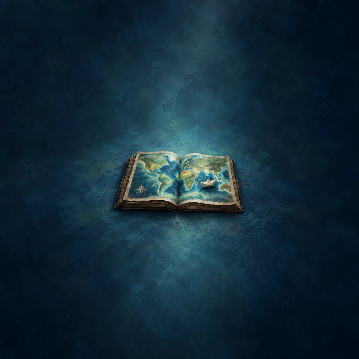 An open atlas with luminous blue seas and a small folded paper boat rests against a deep blue background.