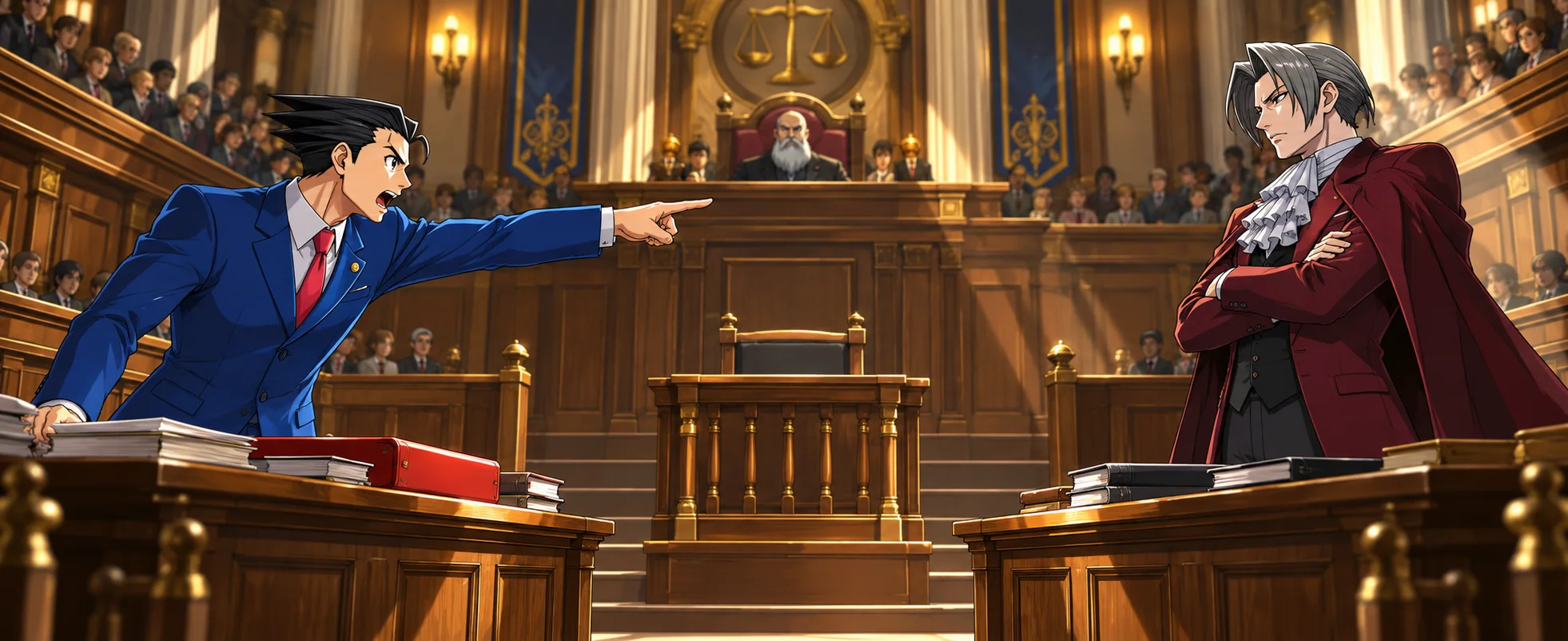 Phoenix Wright, in a blue suit with spiky black hair, slams the desk and points across a wood-panelled courtroom at a prosecutor in a maroon suit and cravat, the judge watching from the bench.