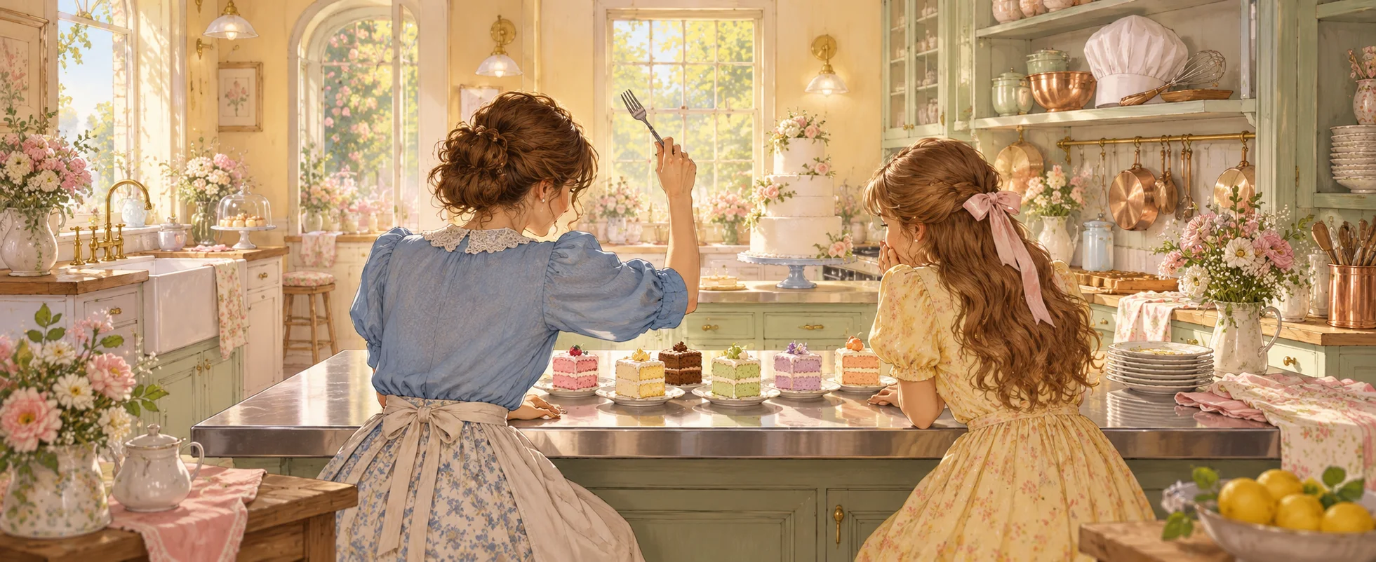 Two women lean over a pastel kitchen counter covered in little cake samples, forks raised.