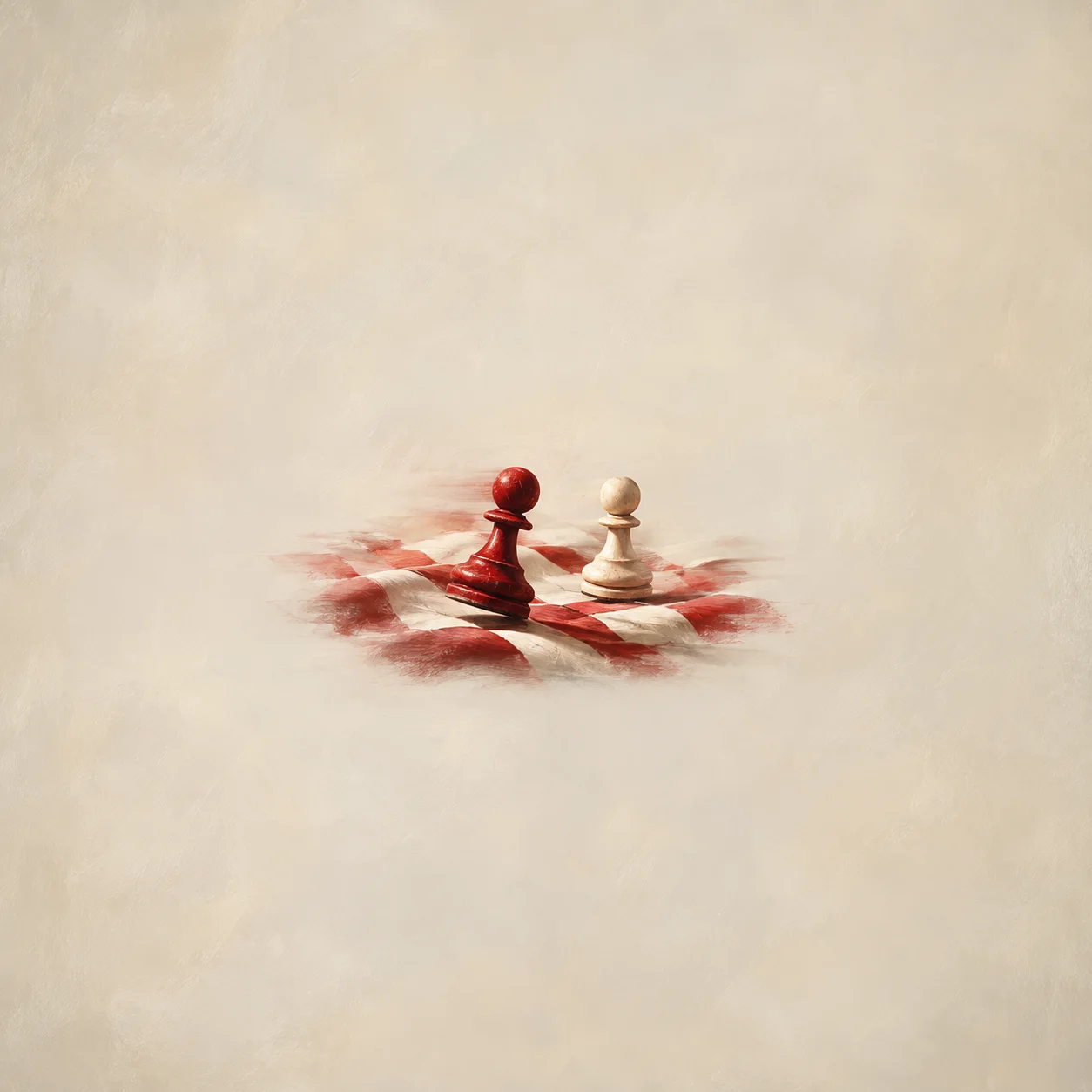 Painterly red and ivory chess pawns on a blurred red and white checkered surface.