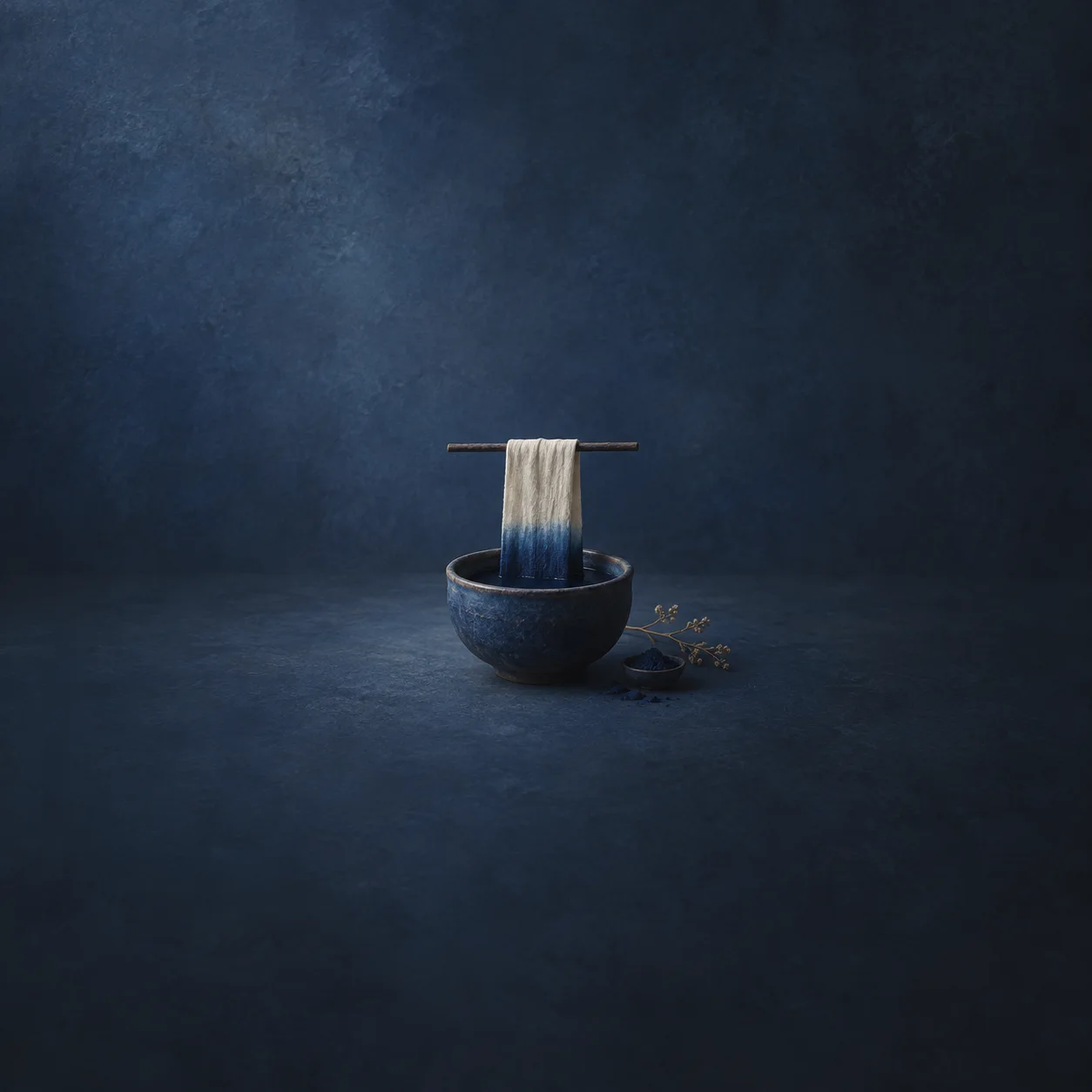 A pale strip of cloth dips into a bowl of deep blue pigment.